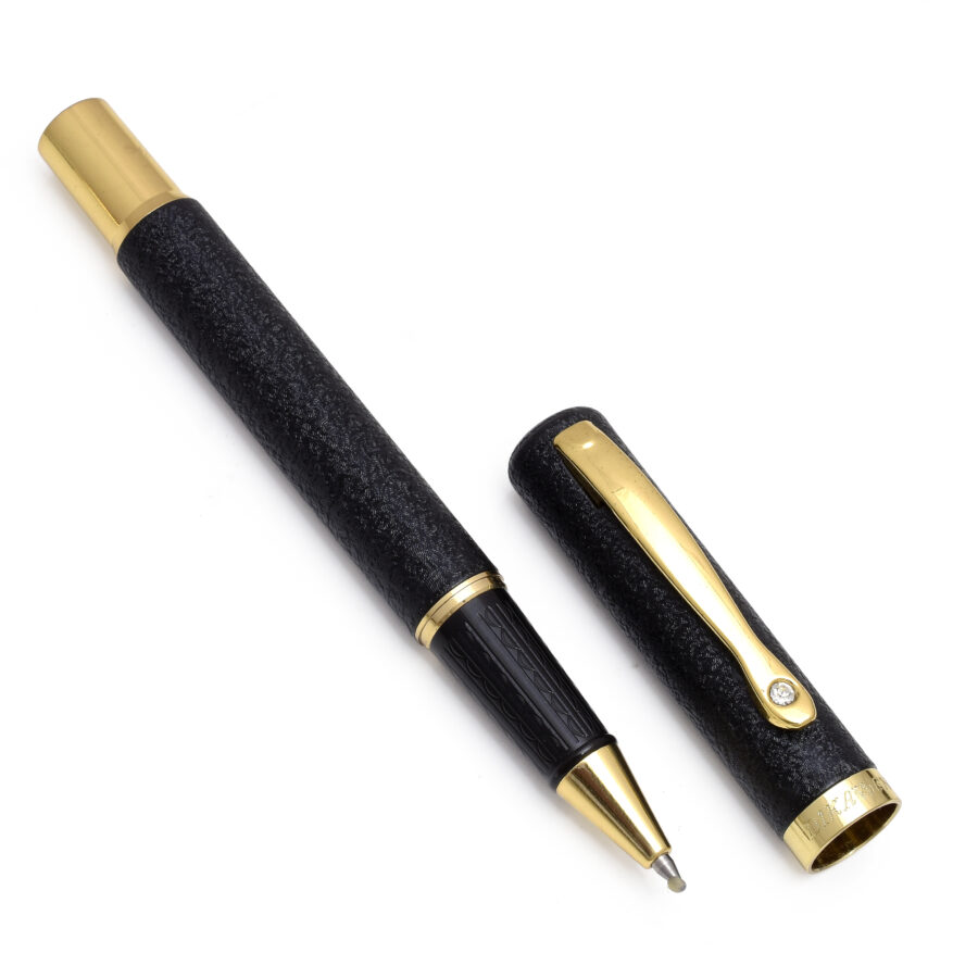 Black Textured Pen with Gold Accents and Crystal Embellishment - Image 2