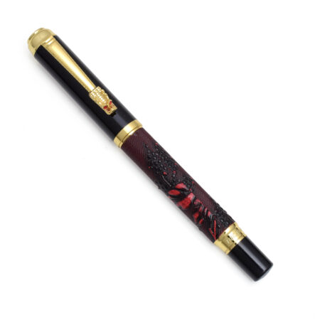 Ornate Black and Red Dragon Patterned Pen with Gold Accents