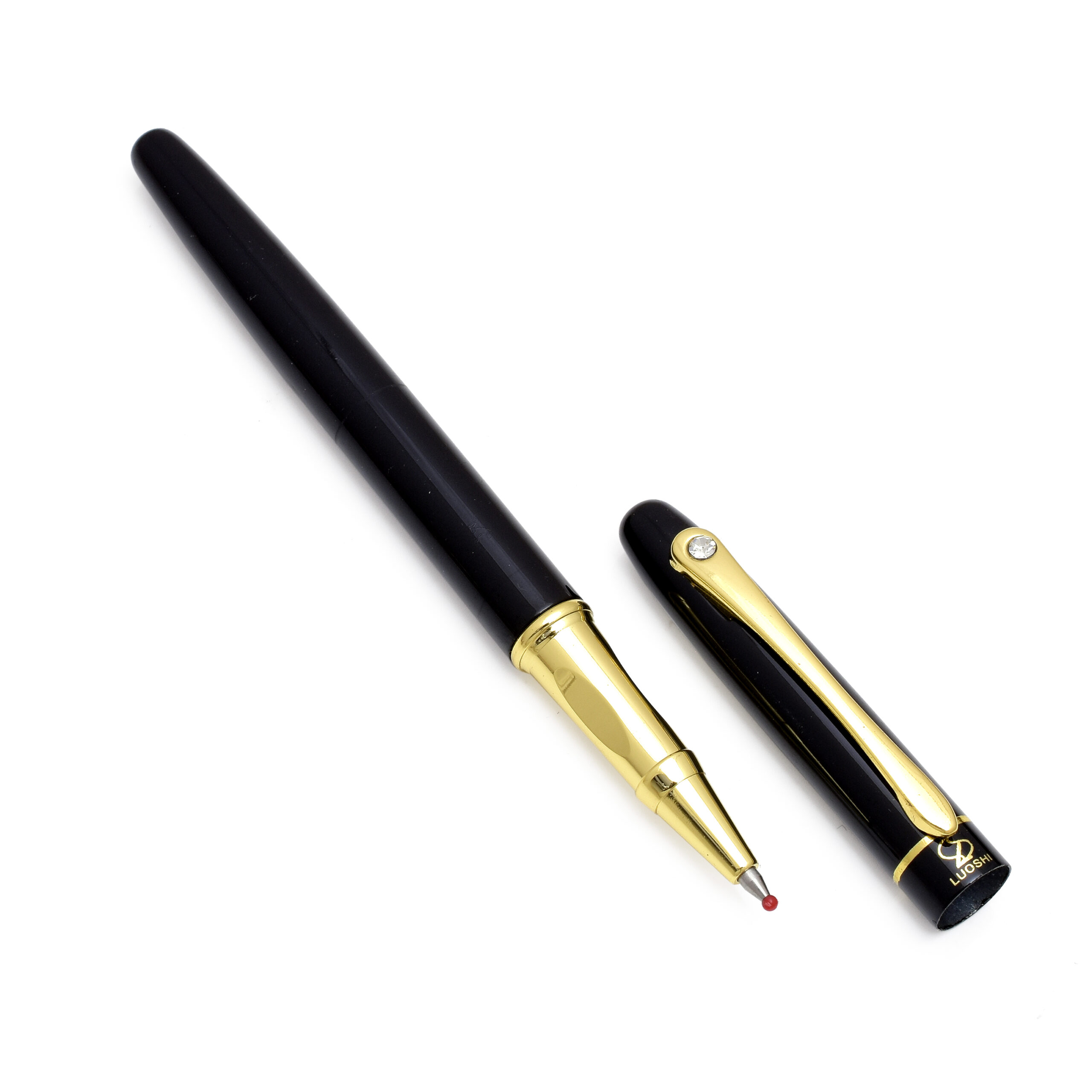 Elegant Black Pen with Gold Accents and Crystal Detail - Image 2